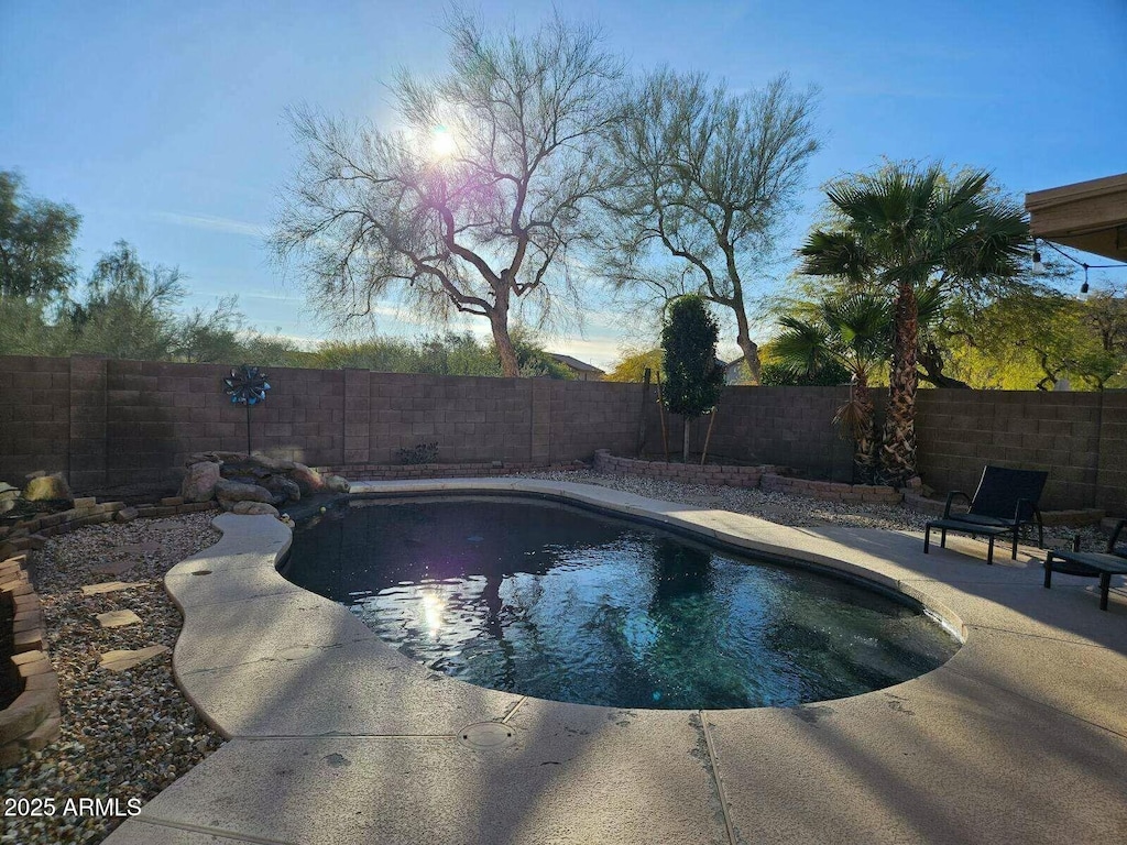 view of swimming pool with a patio area, a fenced in pool, and a fenced backyard