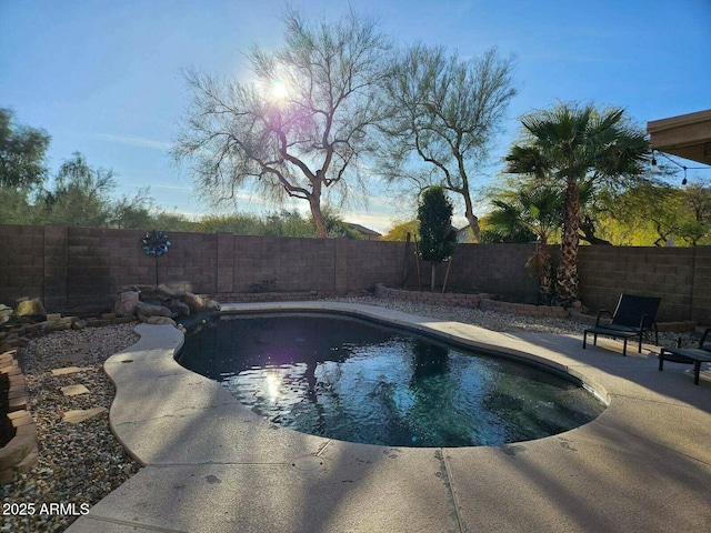 view of pool featuring a fenced backyard, a fenced in pool, and a patio