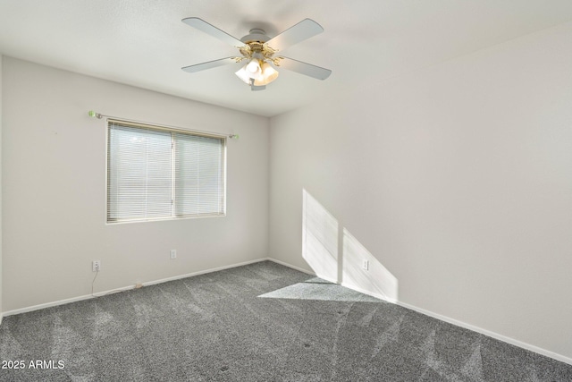 unfurnished room with ceiling fan, baseboards, and carpet floors