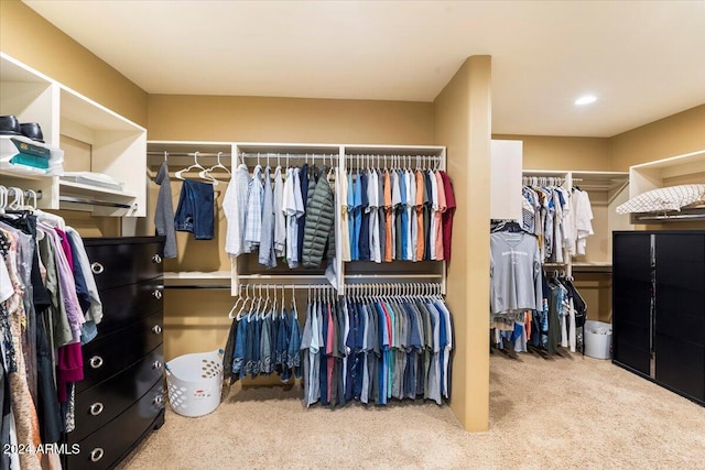 walk in closet with light carpet