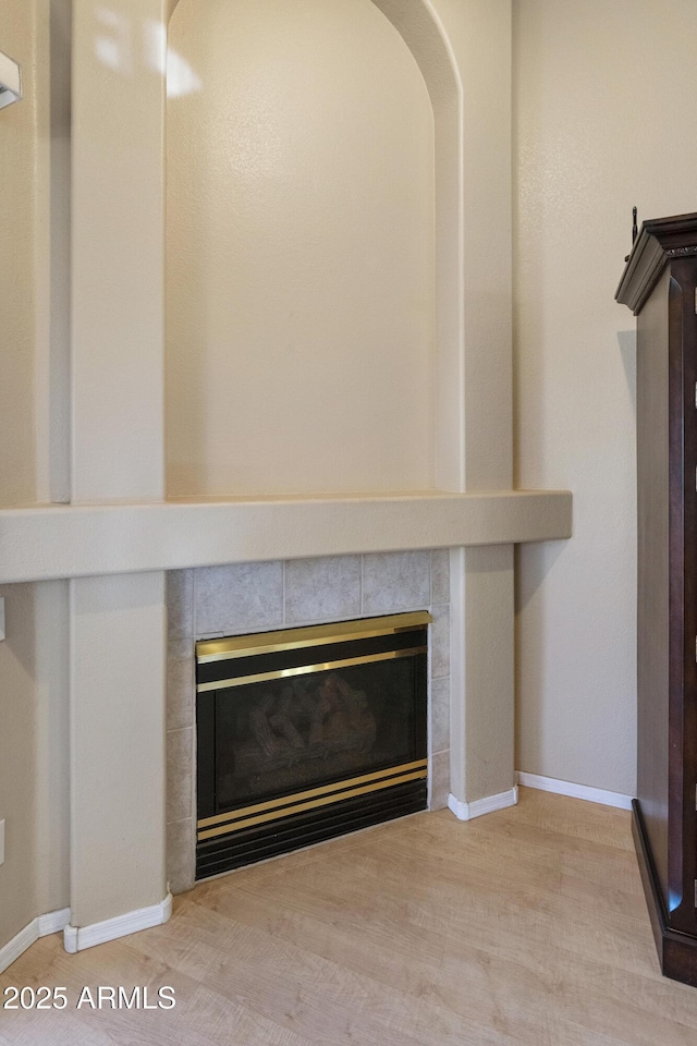 details featuring hardwood / wood-style floors and a fireplace