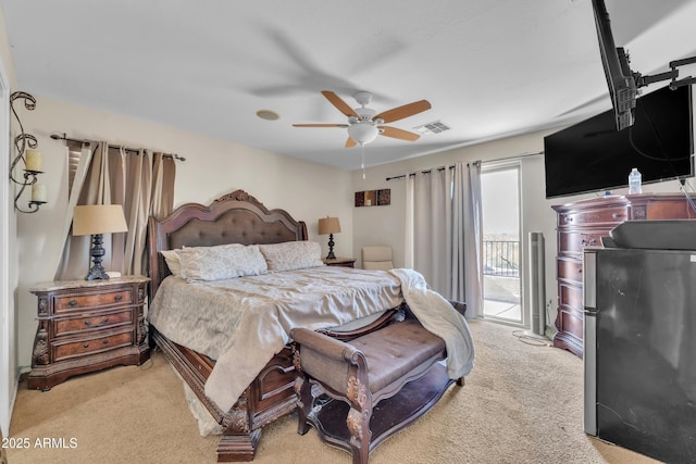bedroom with light carpet, access to outside, ceiling fan, and visible vents