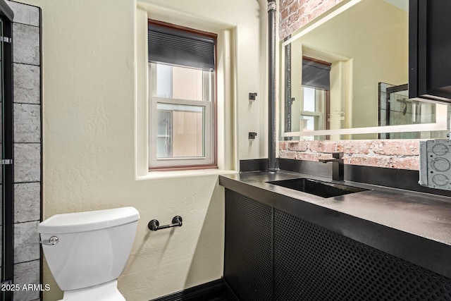 bathroom featuring toilet, a textured wall, and vanity