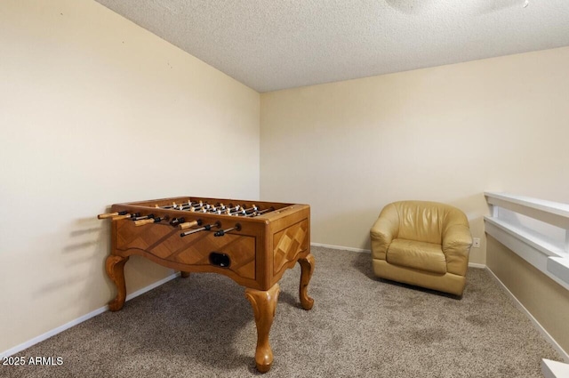 recreation room with a textured ceiling and light carpet