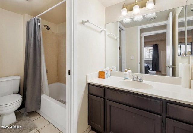 full bathroom with toilet, vanity, tile patterned flooring, and shower / tub combo with curtain