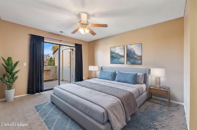 bedroom with ceiling fan, carpet floors, and access to outside