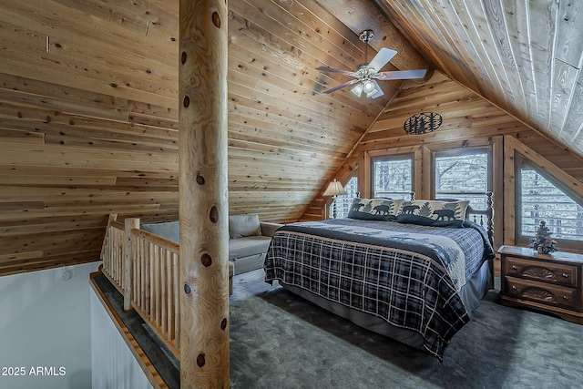 2793 Canyon Ridge Rd, Overgaard, AZ 85933 - carpeted bedroom with wood ceiling, ceiling fan, wood walls, and lofted ceiling
