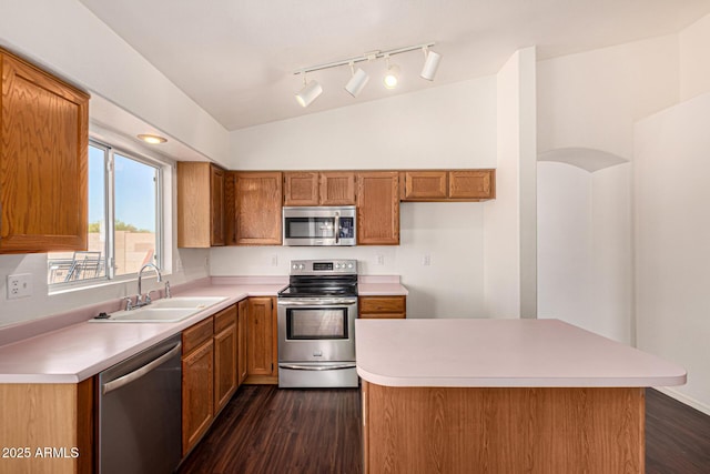 kitchen with a sink, appliances with stainless steel finishes, lofted ceiling, and dark wood-type flooring