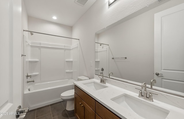 full bathroom with vanity, toilet, shower / bath combination, and tile patterned flooring