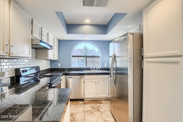 kitchen with under cabinet range hood, visible vents, appliances with stainless steel finishes, backsplash, and a tray ceiling