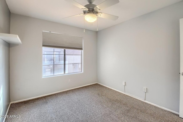 unfurnished room featuring ceiling fan, baseboards, and carpet flooring