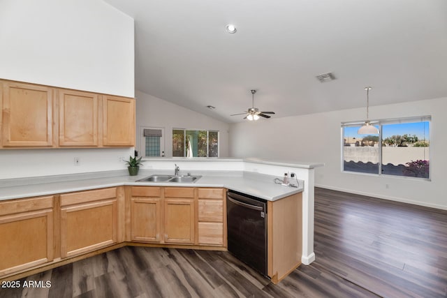 5153 W Topeka Dr, Glendale, AZ 85308 - kitchen featuring dark wood finished floors, dishwashing machine, a peninsula, visible vents, and a sink