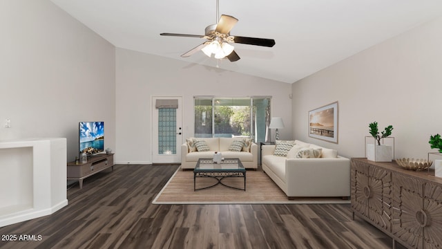 5153 W Topeka Dr, Glendale, AZ 85308 - living area featuring wood finished floors, ceiling fan, baseboards, and vaulted ceiling
