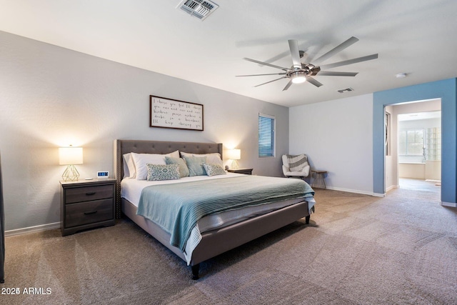 bedroom with ceiling fan, carpet floors, visible vents, and baseboards