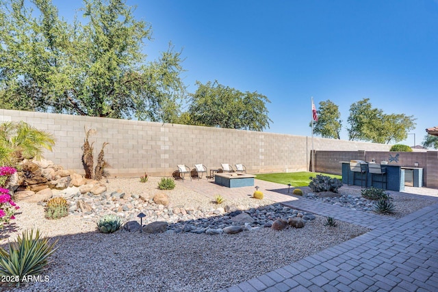 view of yard with exterior kitchen, a patio area, and a fenced backyard