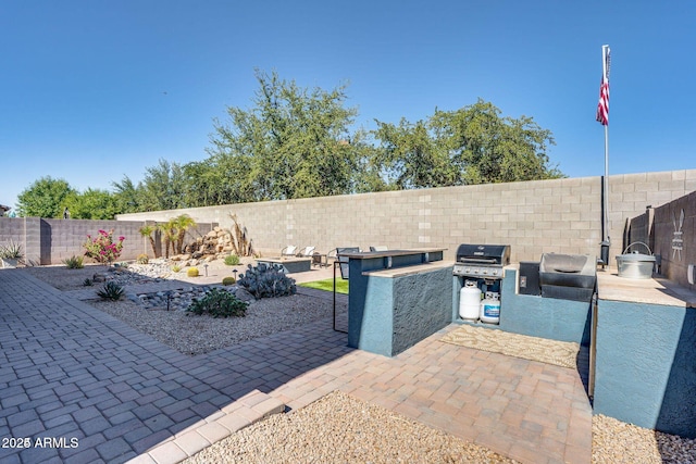 view of patio featuring a fenced backyard, grilling area, and area for grilling