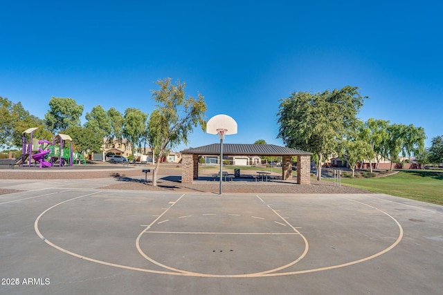 view of sport court with playground community, a gazebo, and community basketball court