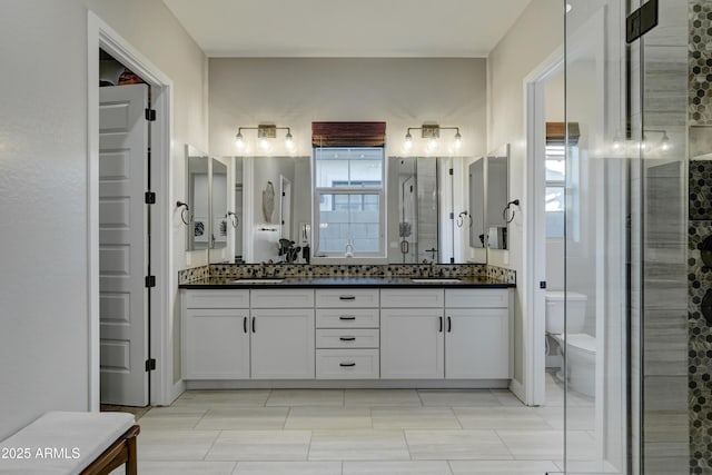 bathroom featuring vanity, a shower with door, and toilet