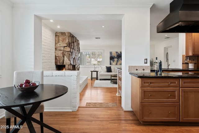 interior space with tasteful backsplash, a fireplace, island exhaust hood, and light hardwood / wood-style floors