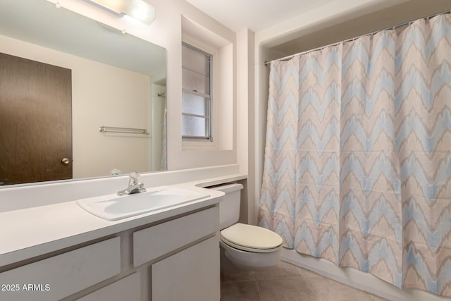 full bath with vanity, a shower with shower curtain, tile patterned flooring, and toilet