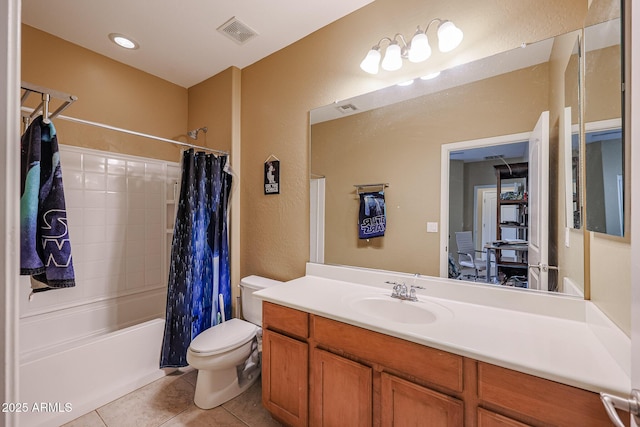 full bathroom with tile patterned floors, vanity, toilet, and shower / bathtub combination with curtain