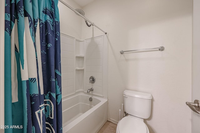 bathroom with toilet and shower / bathtub combination with curtain