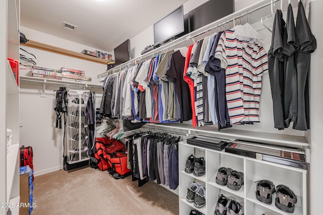 spacious closet featuring light colored carpet