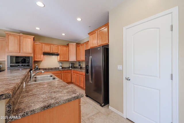 kitchen with sink, light tile patterned floors, stainless steel fridge with ice dispenser, black microwave, and gas cooktop