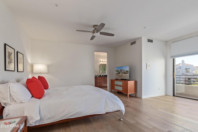 bedroom featuring access to outside, light wood-type flooring, ceiling fan, and connected bathroom