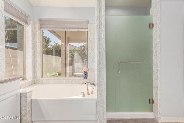 bathroom with vanity and separate shower and tub