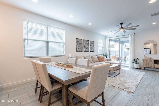 dining space with visible vents, recessed lighting, baseboards, and ceiling fan