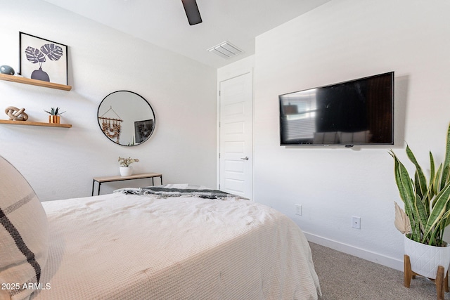 bedroom with baseboards, visible vents, carpet floors, and ceiling fan