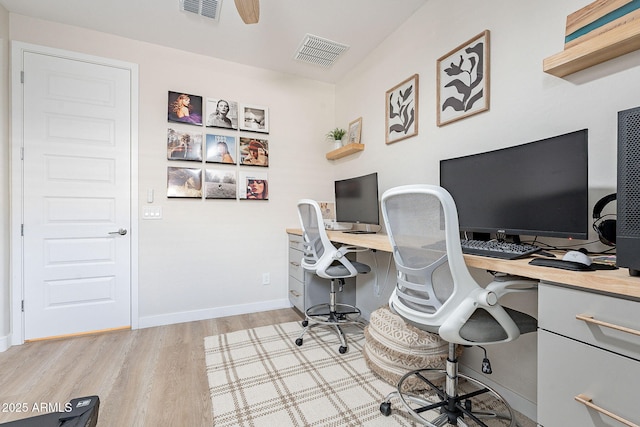 office space featuring light wood-style floors, visible vents, and baseboards