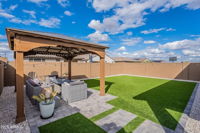 view of yard with a gazebo, a patio, a fenced backyard, and an outdoor hangout area