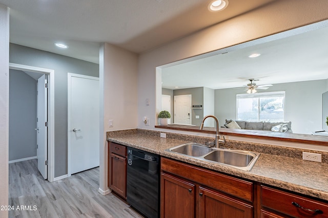 kitchen featuring dishwasher, light wood-type flooring, ceiling fan, and sink