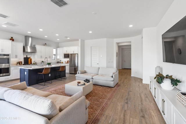 living room featuring sink and light wood-type flooring