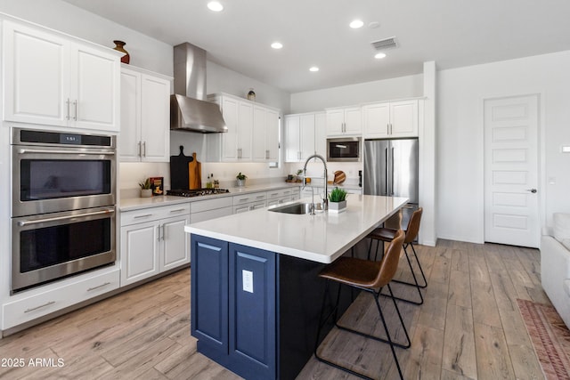 kitchen featuring sink, white cabinetry, stainless steel appliances, a center island with sink, and wall chimney exhaust hood