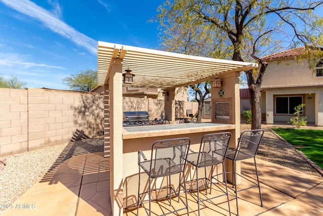 view of patio / terrace featuring outdoor dry bar, a fenced backyard, an outdoor kitchen, and a grill