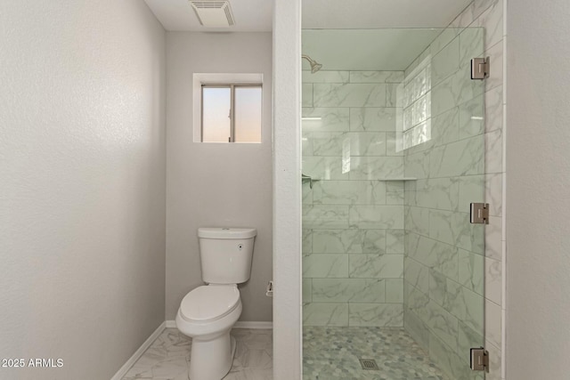 bathroom with visible vents, baseboards, toilet, marble finish floor, and a shower stall