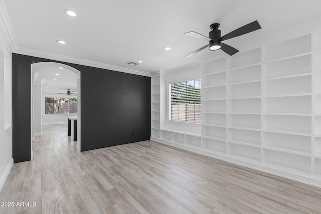 18998 E Lark Dr, Queen Creek, AZ 85142 - spare room with ceiling fan, crown molding, wood finished floors, built in features, and recessed lighting