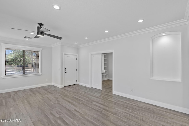 18998 E Lark Dr, Queen Creek, AZ 85142 - unfurnished living room featuring recessed lighting, wood finished floors, crown molding, a ceiling fan, and baseboards