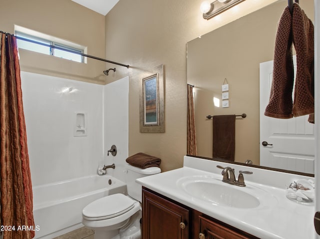 full bathroom featuring toilet, vanity, and shower / bath combination with curtain