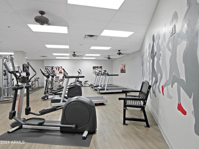 exercise room featuring a paneled ceiling and light hardwood / wood-style floors