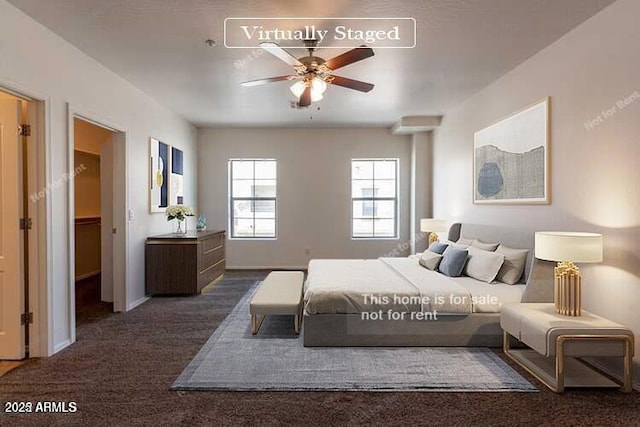 bedroom with dark carpet and ceiling fan