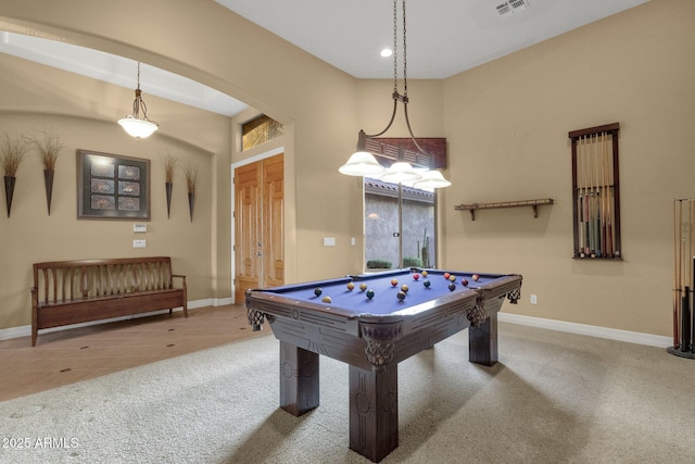 rec room featuring billiards and carpet floors