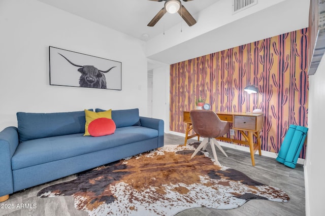 4020 N 34th St, Phoenix, AZ 85018 - interior space with baseboards, a ceiling fan, wood finished floors, and visible vents
