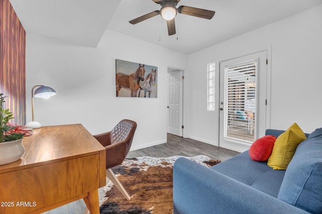 4020 N 34th St, Phoenix, AZ 85018 - home office featuring a ceiling fan, baseboards, and wood finished floors