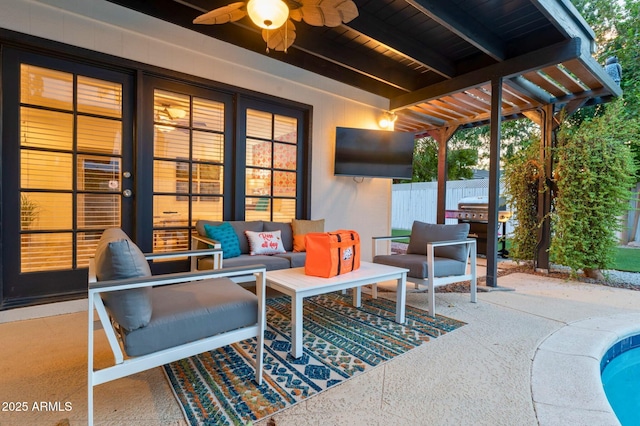 4020 N 34th St, Phoenix, AZ 85018 - view of patio with area for grilling, fence, ceiling fan, and outdoor lounge area