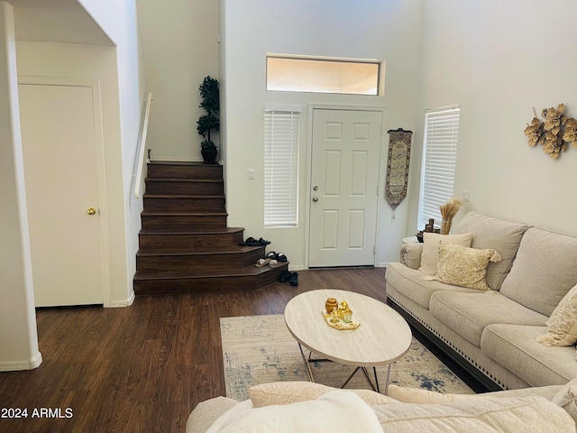 living room with a towering ceiling and dark wood-type flooring