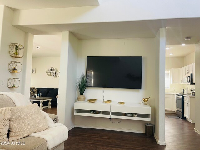 living room with dark hardwood / wood-style floors